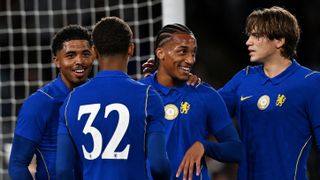 Joao Pedro of Chelsea celebrates scoring his team's sixth goal and his hat-trick in the Sydney Super Cup against Western Sydney Wanderers FC at Accor Stadium on July 28, 2026 in Sydney, Australia