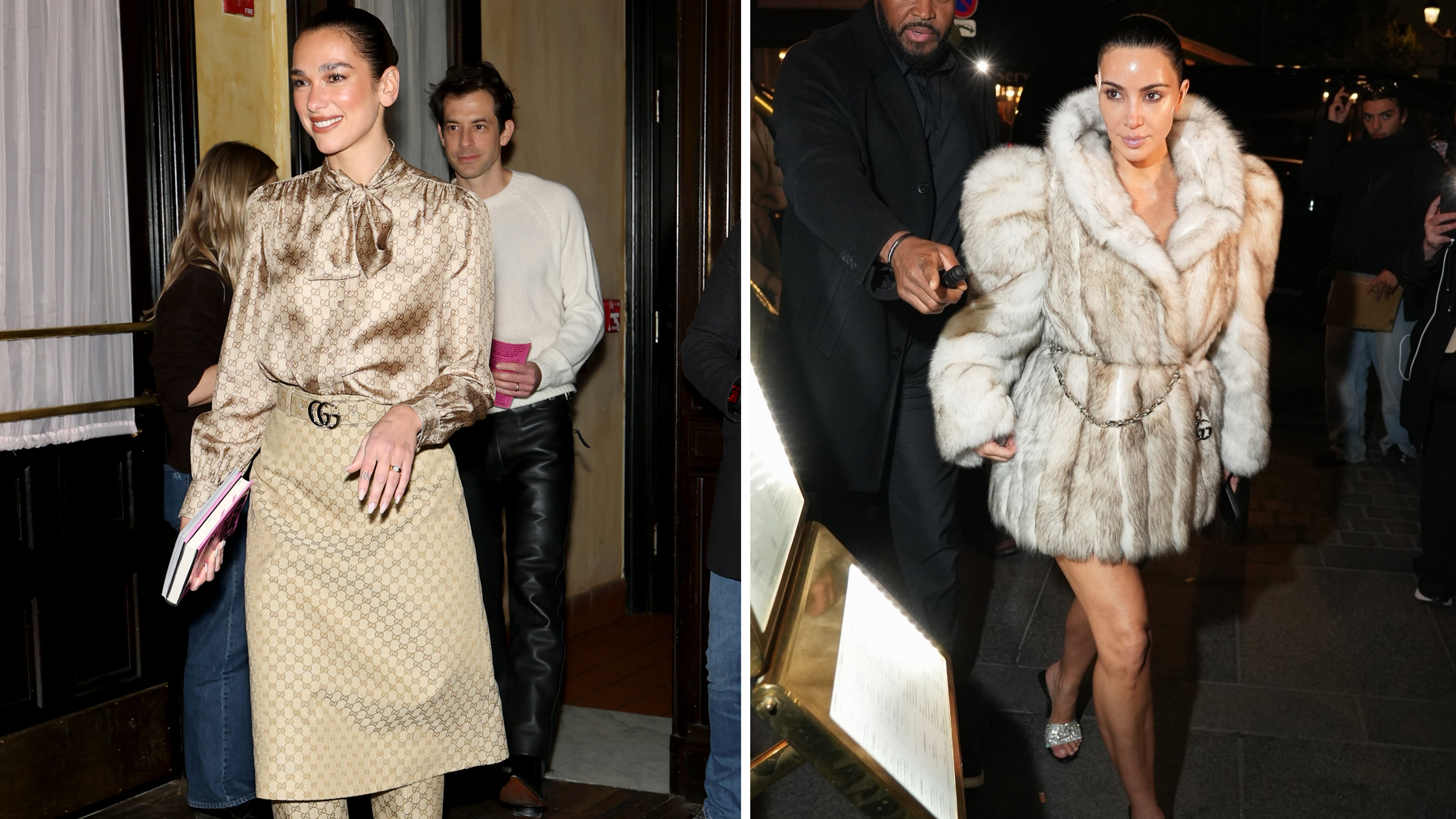 Dua Lipa and Kim Kardashian wearing Gucci's new La Famiglia collection.