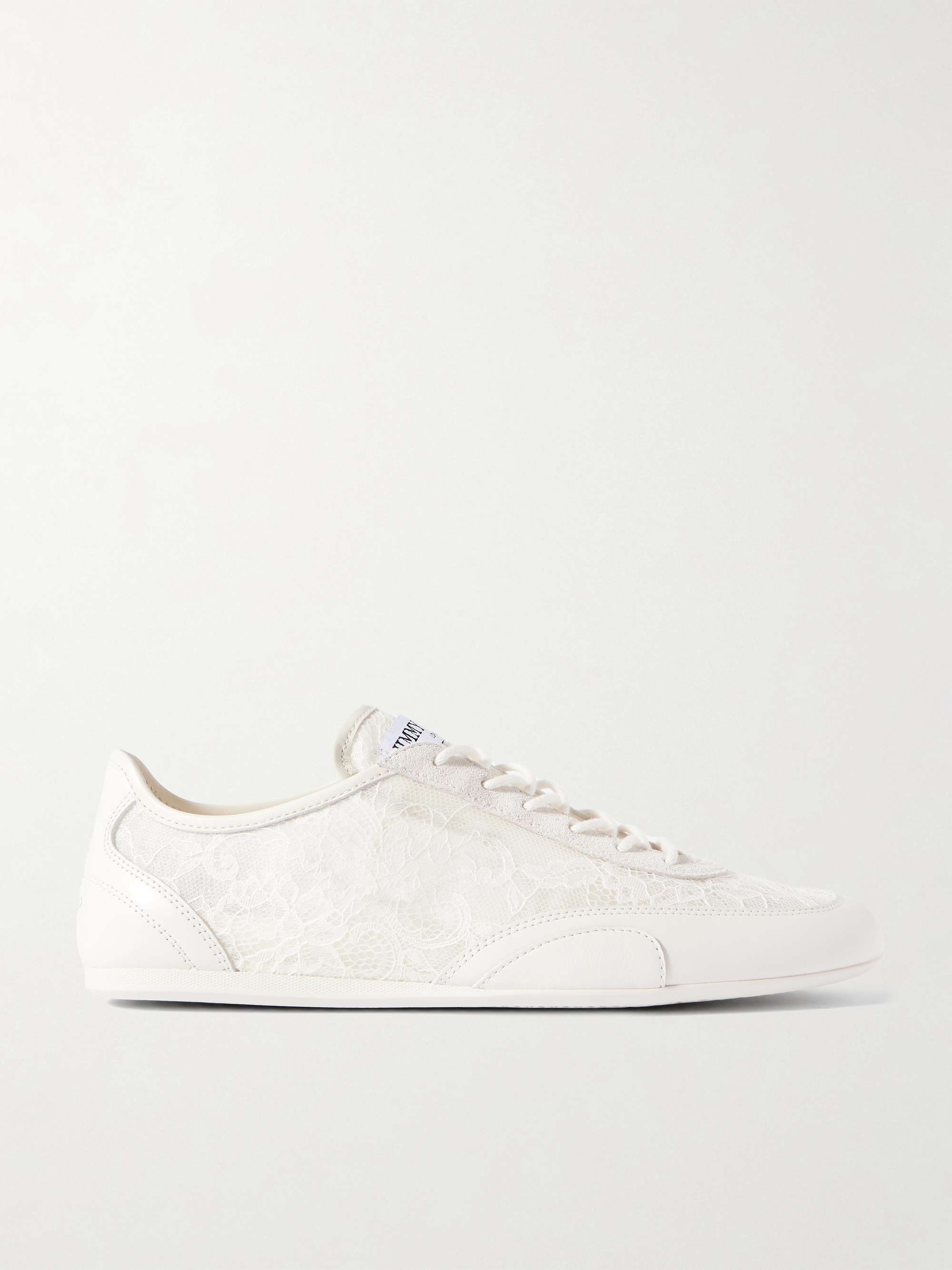 Linen Suede-Trimmed Leather and Lace Sneakers