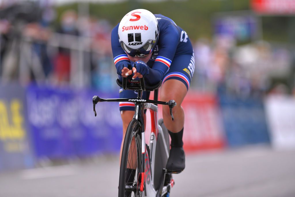 PLOUAY FRANCE AUGUST 24 Arrival Juliette Labous of France during the 26th UEC Road European Championships 2020 Womens Elite Individual Time Trial a 256km race from Plouay to Plouay ITT UECcycling EuroRoad20 on August 24 2020 in Plouay France Photo by Luc ClaessenGetty Images