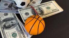 Cash sitting under a soccer ball and a basketball.