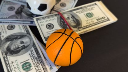 Cash sitting under a soccer ball and a basketball.