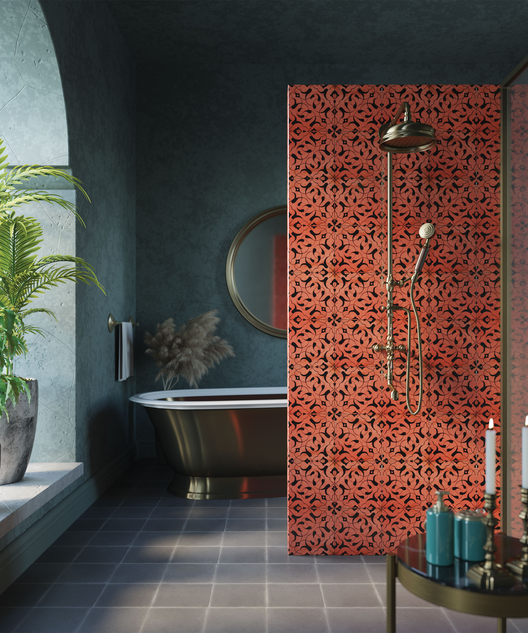 Patina tile trends shown in burnt orange behind a shower head, in a dark green bathroom with freestanding tub.