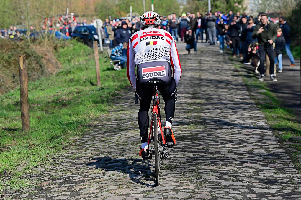 A Loto Soudal rider on the cobbles.