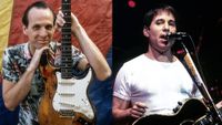 LEFT: Adrian Belew of King Crimson, portrait at Tent, Olympisch Stadion, Amsterdam, Netherlands, 6th September 1982. RIGHT: Paul Simon performs in concert, New York, New York, circa 1986