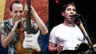 LEFT: Adrian Belew of King Crimson, portrait at Tent, Olympisch Stadion, Amsterdam, Netherlands, 6th September 1982. RIGHT: Paul Simon performs in concert, New York, New York, circa 1986