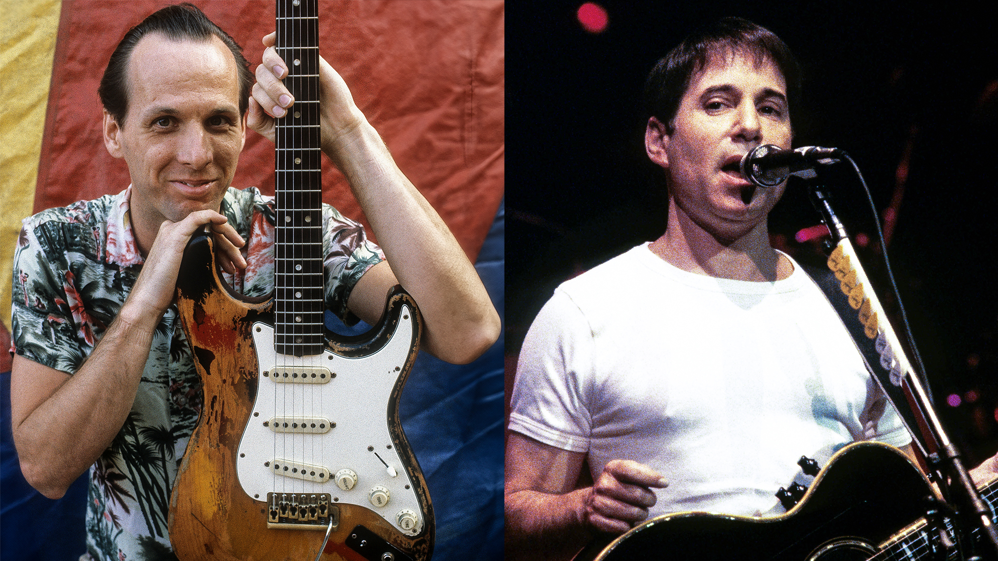 LEFT: Adrian Belew of King Crimson, portrait at Tent, Olympisch Stadion, Amsterdam, Netherlands, 6th September 1982. RIGHT: Paul Simon performs in concert, New York, New York, circa 1986