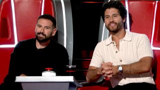 Dan + Shay sitting in the new double chair as judges on &quot;The Voice&quot; season 25