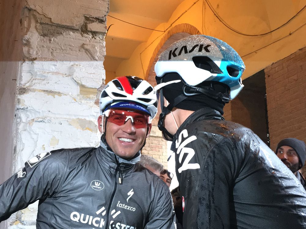 Zdenek Stybar smiles as he chats to Michal Kwiatkowski