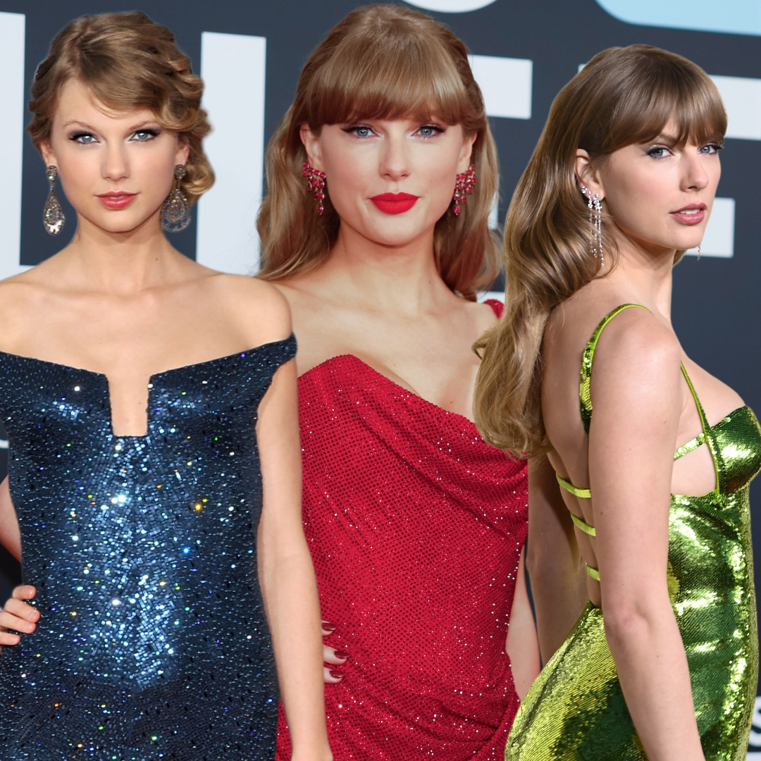 Taylor Swift wearing sparkly red carpet dresses in her various eras