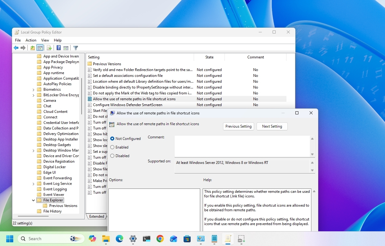 Group Policy Editor in the File Explorer section with the Allow the use of remote paths in file shortcut icons policy opened.