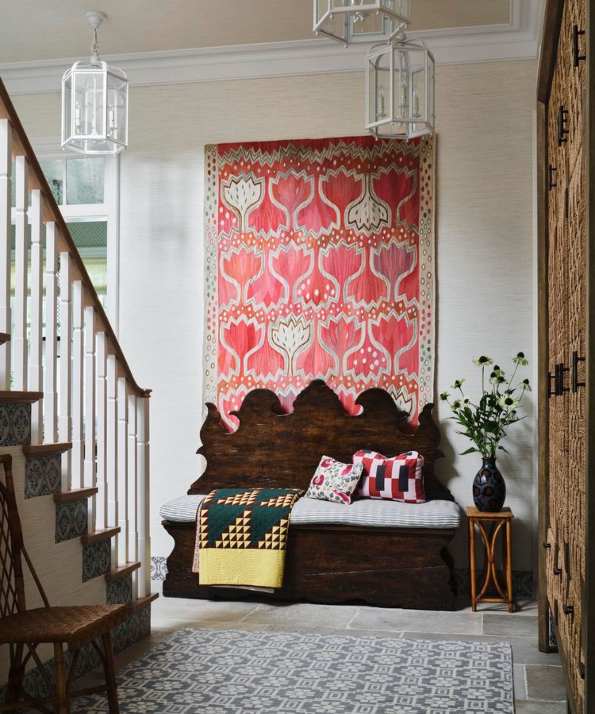 Rustic entryway with vintage bench