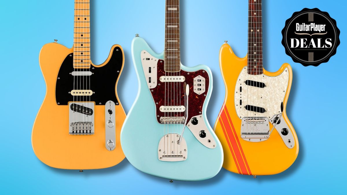 A trio of Fender electric guitars on a blue background