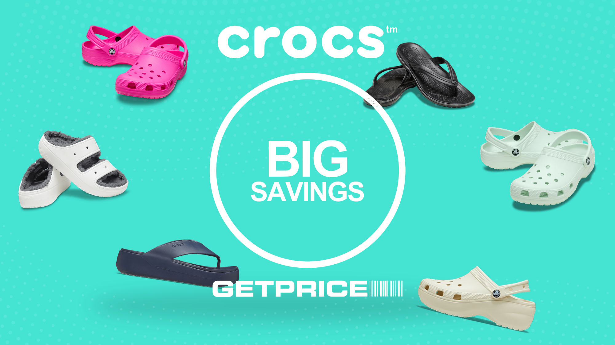 Aqua blue background with write writing that says crocs above a circle with Big Savings written inside and the GetPrice logo underneath with scattered images of Crocs around it