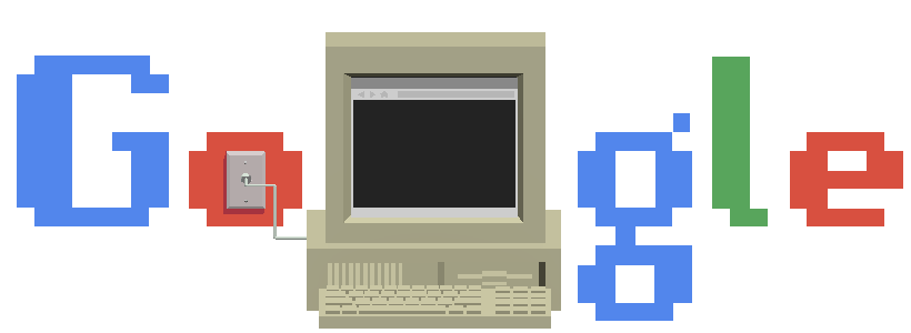 A Google Doodle of a computer connected to the world wide web