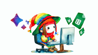 Google Bard depicted as a small cartoon bard making Google Sheets documents at a computer