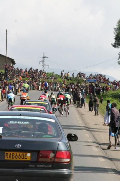The break tackles an incline on stage 5 of the Tour of Rwanda.