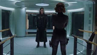 Loki is interrogated by Black Widow in the Avengers helicarrier in The Avengers