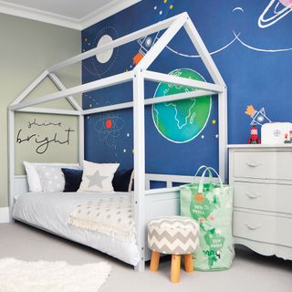 space themed bedroom with mural