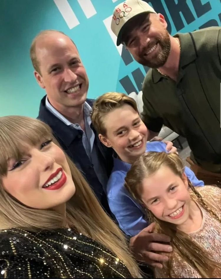 Prince William, Prince George and Princess Charlotte take a photo with Taylor Swift and Travis Kelce.