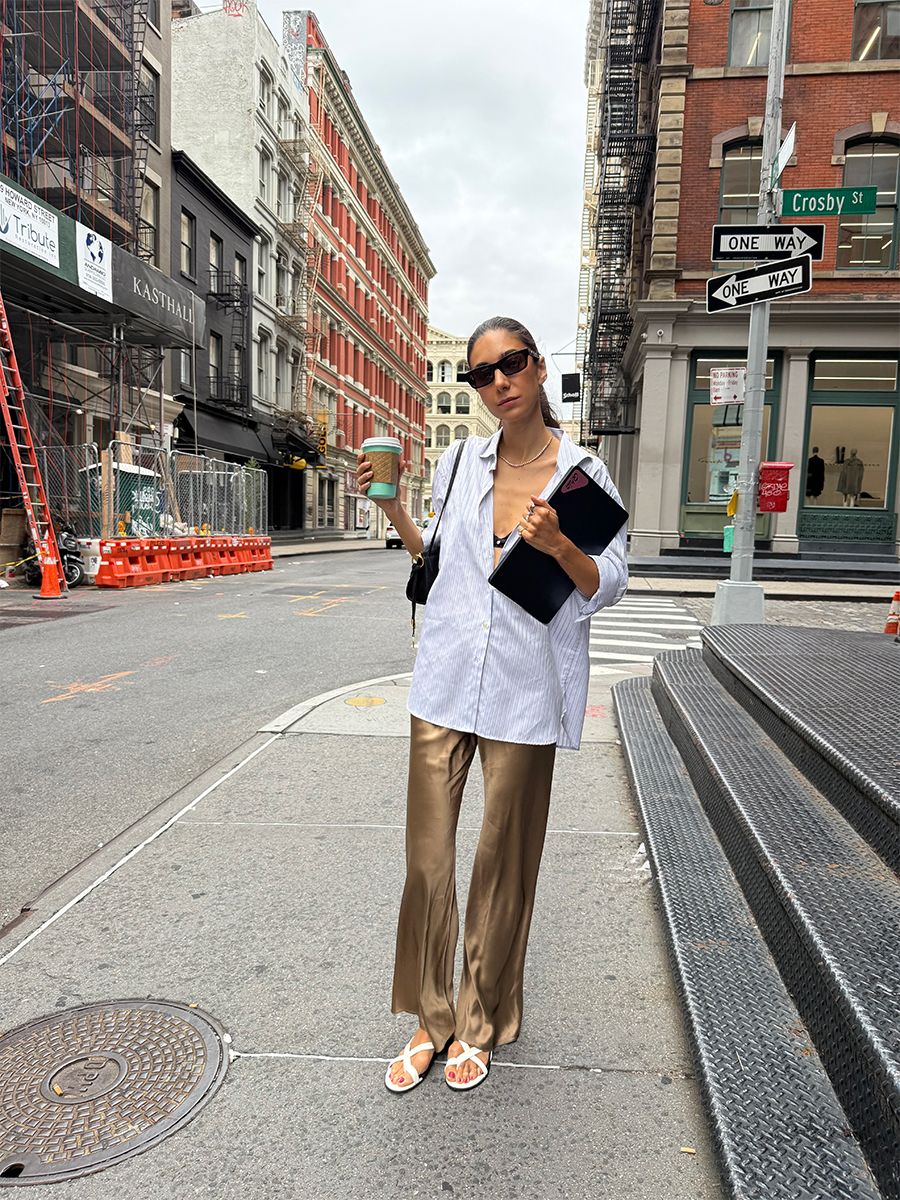 melanie masarin ghia style outfits wearing silky pants