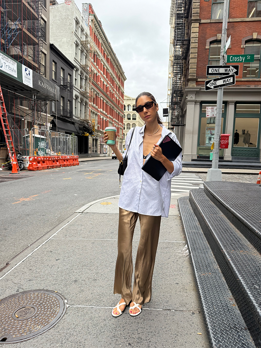 melanie masarin ghia style outfits wearing silky pants