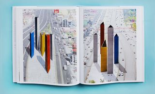 A spread from the book, featuring 'site specific_MEXICO CITY 11' with high rise buildings and roads with cars