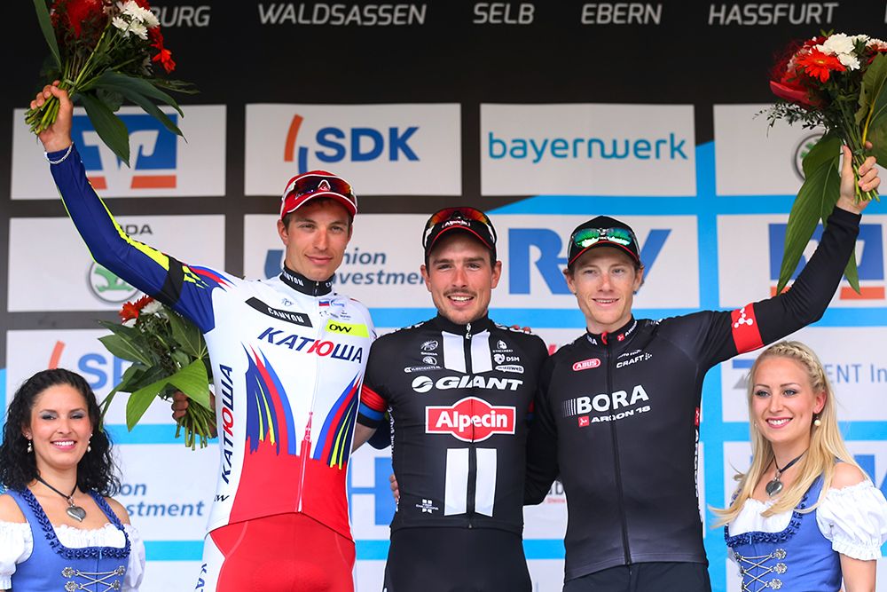 The top three from the stage, Rudiger Selig (Katusha), John Degenkolb (Giant-Alpecin) and Sam Bennett (Bora Argon 18)
