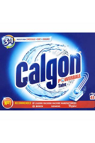 A blue packshot of Calgon powerball washing machine cleaning tablets, pack contains 45 tabs