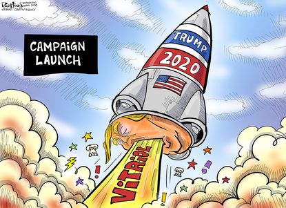 Political Cartoon U.S. Trump 2020 Campaign Launch Rocket