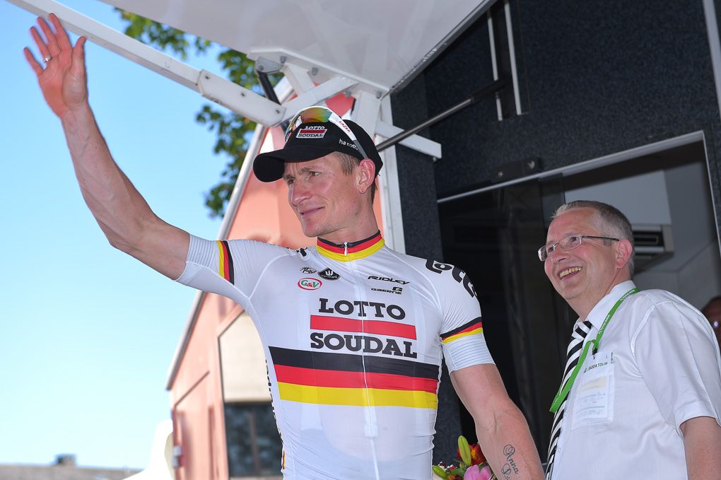 Andre Greipel on the stage 3 podium in Luxembourg.