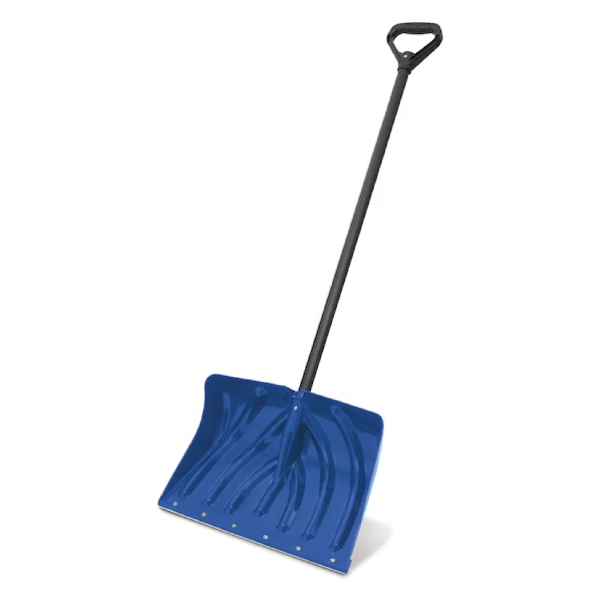 Blue snow shovel with black handle