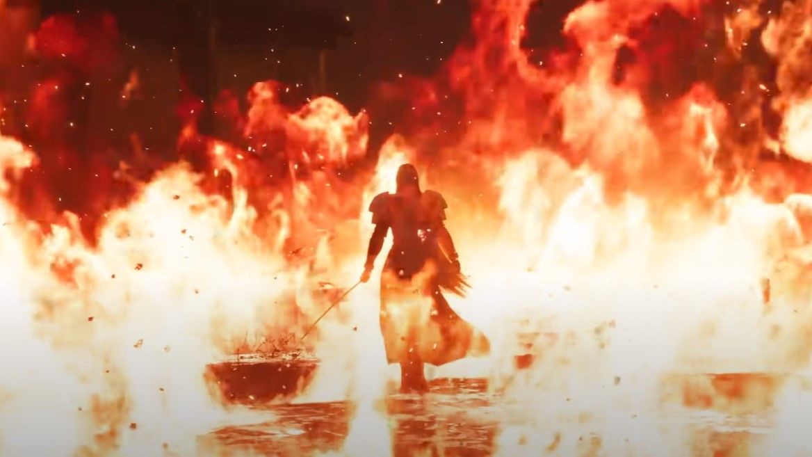 A screenshot of Sephiroth surrounded by flames in Final Fantasy 7 Rebirth.