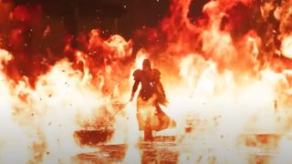 A screenshot of Sephiroth surrounded by flames in Final Fantasy 7 Rebirth.
