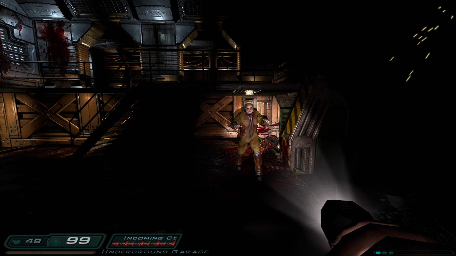 DOOM 3, modded to look good on modern hardware. The player character aims a flashlight at a zombie.