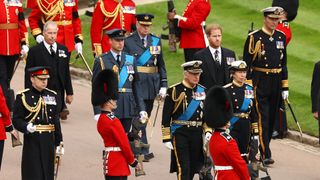 King Charles III, Princess Anne, Prince Andrew, Prince Edward, Prince William, Prince Harry, Peter Phillips, Prince Richard, Duke of Gloucester and Vice Admiral Timothy Laurence join the Procession on the Queen's funeral day