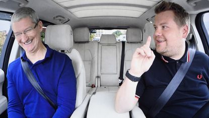 James Corden and Tim Cook