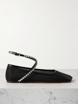 Ane Crystal-Embellished Leather-Trimmed Mesh Ballet Flats