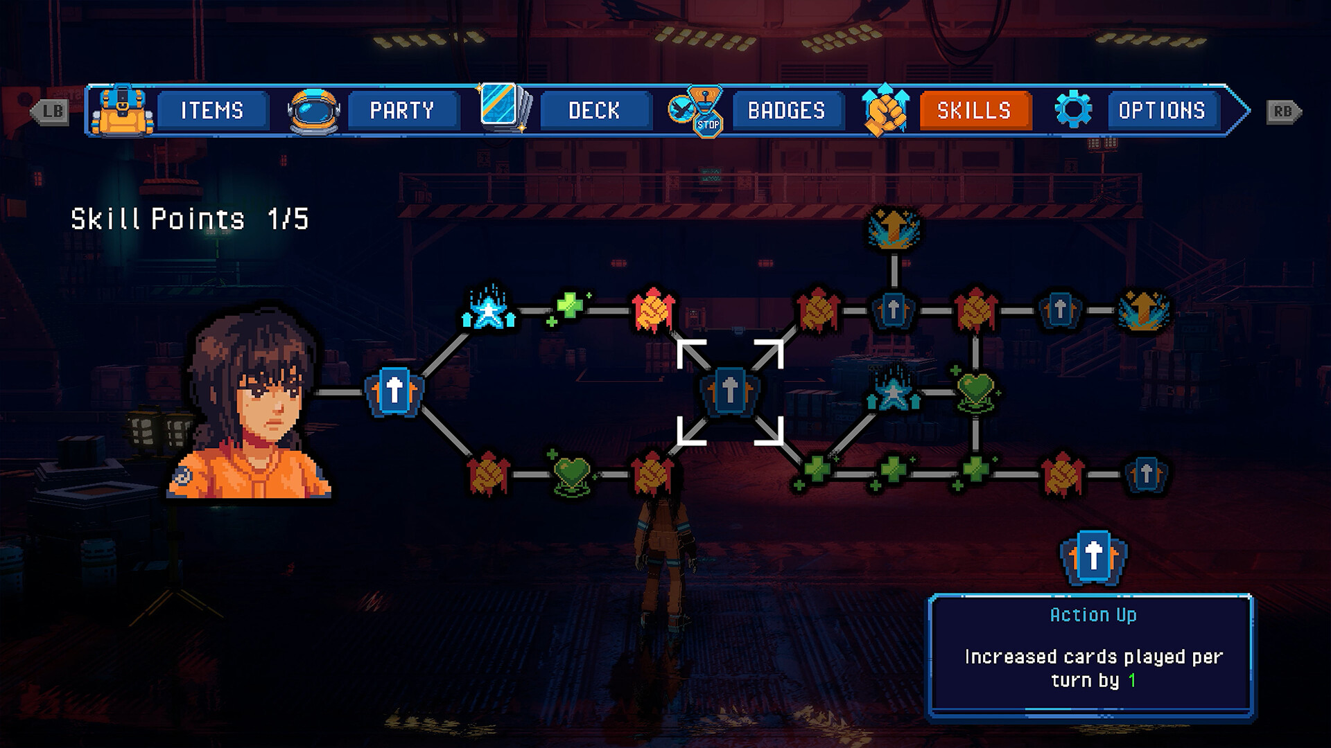 Retro-style video game skill tree screen; features character portrait, labeled "Skill Points 1/5," with interconnected icons and skill menu options.