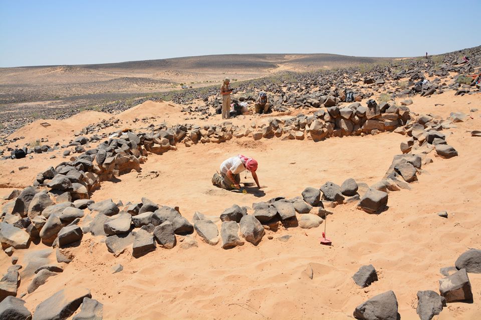  An archeologist carefully excavates a burial site in the desert while other team members work nearby in the background.