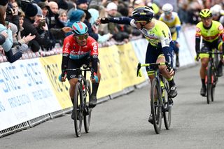 Caleb Ewan and Gerben Thijssen just beyond the finish line of the GP Monsere