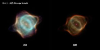 NASA's Hubble Space Telescope captured photos of the Stingray nebula in 1996 and 2016, showing a dramatic difference in the nebula's brightness and shape over 20 years.