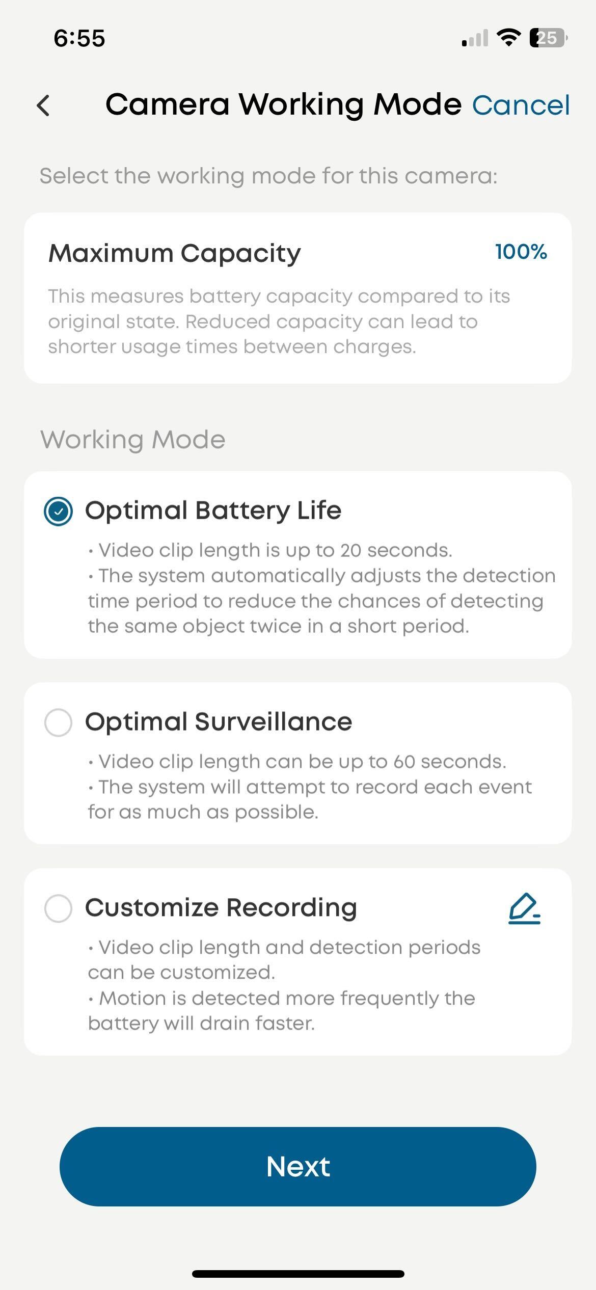 The storage capacity on a home security app