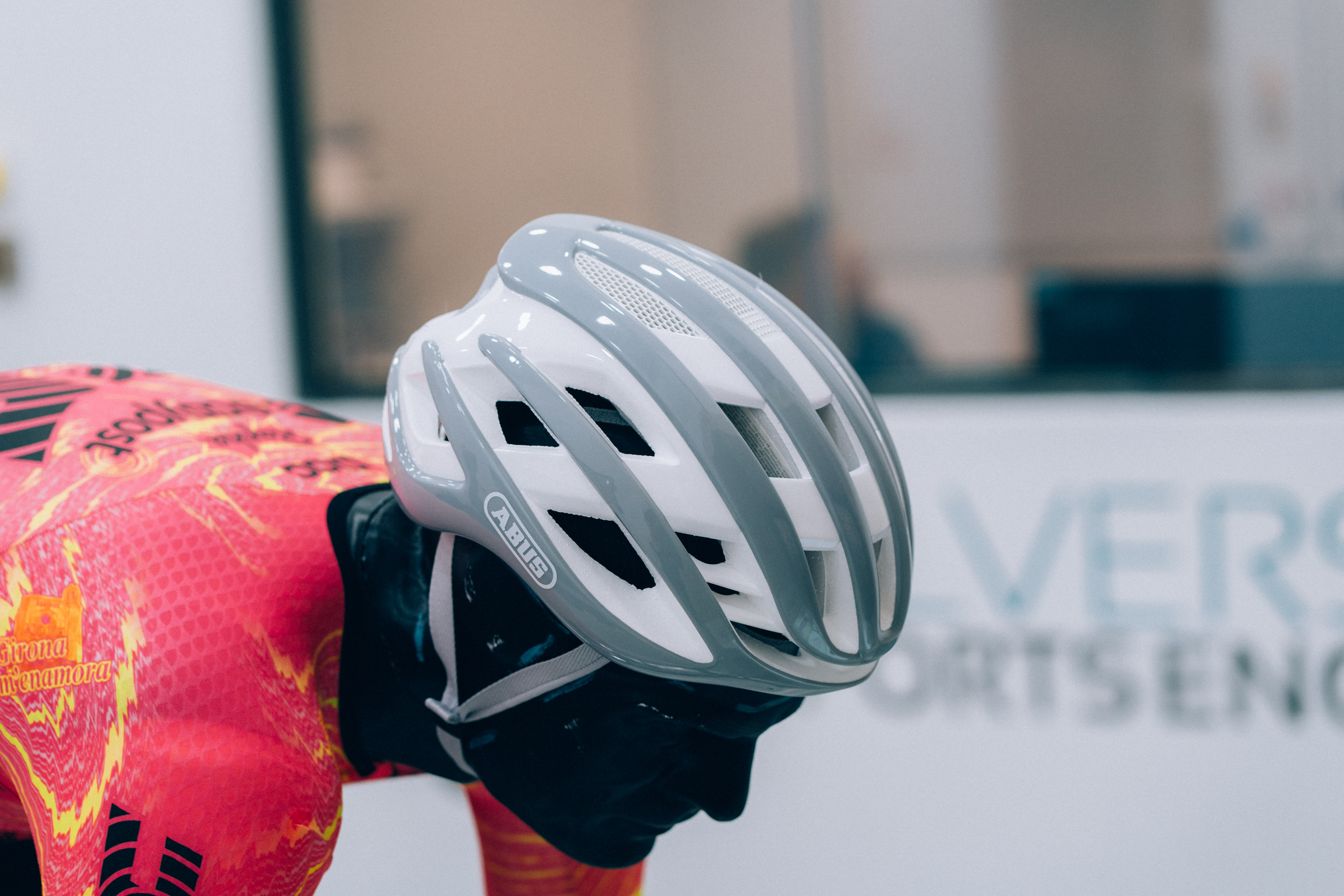 A close up of helmets being tested in the wind tunnel