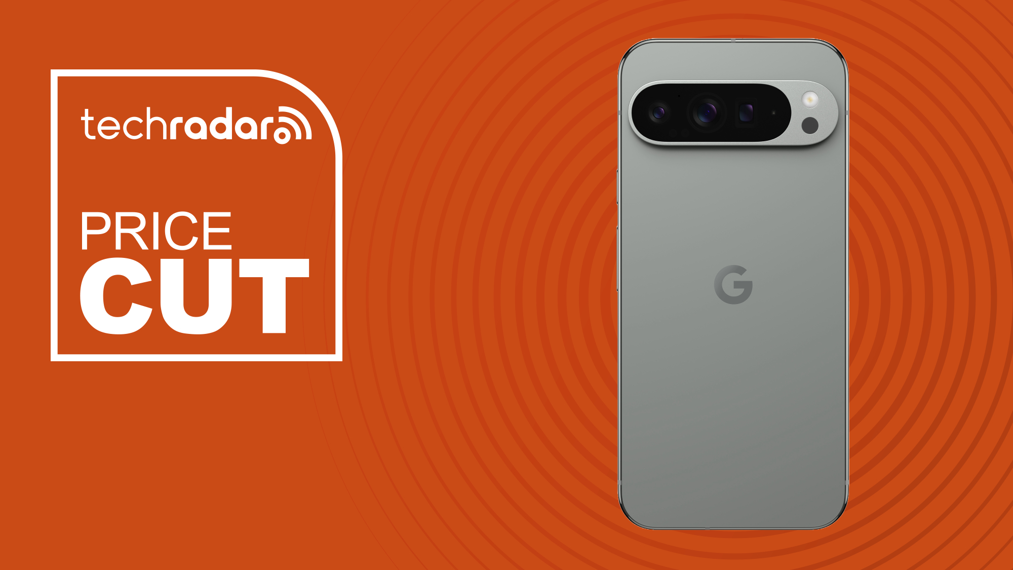 The Google Pixel 9 Pro XL on an Orange background. Text reads: Price Cut