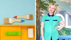 Colorful paint supplies including a roller, bucket, and brushes on a blue background next to a photo of Emily Henderson in a green vintage shirt with a tropical looking indoor background