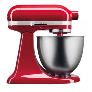 kitchenaid artisan mini stand mixer in red on a white background