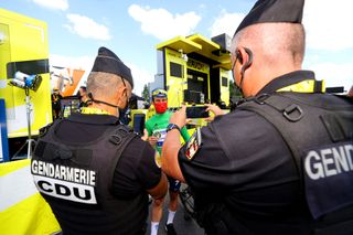 LIBOURNE FRANCE JULY 16 Mark Cavendish of The United Kingdom and Team Deceuninck QuickStep Green Points Jersey Gendarmerie takes a photo during the 108th Tour de France 2021 Stage 19 a 207km stage from Mourenx to Libourne Selfie LeTour TDF2021 on July 16 2021 in Libourne France Photo by Tim de WaeleGetty Images