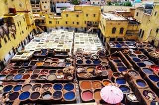 The view of the Chaouwara Tannery from the terraces above in Fez, Morocco