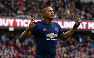 Antonio Valencia of Manchester United celebrates scoring his sides third goal during the Premier League match between Middlesbrough and Manchester United at Riverside Stadium on March 19, 2017 in Middlesbrough, England.